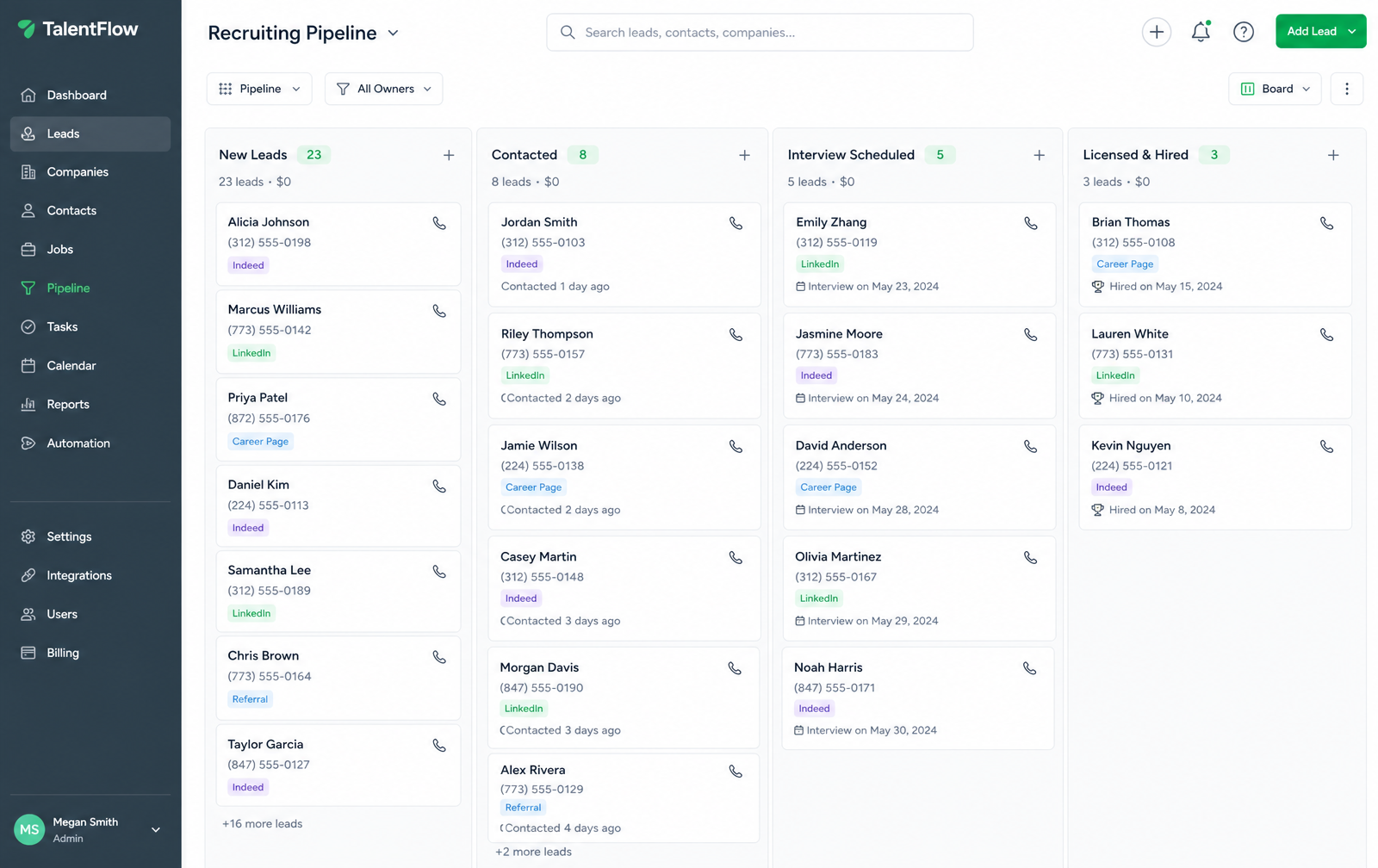 Leads flowing into the recruiter's pipeline